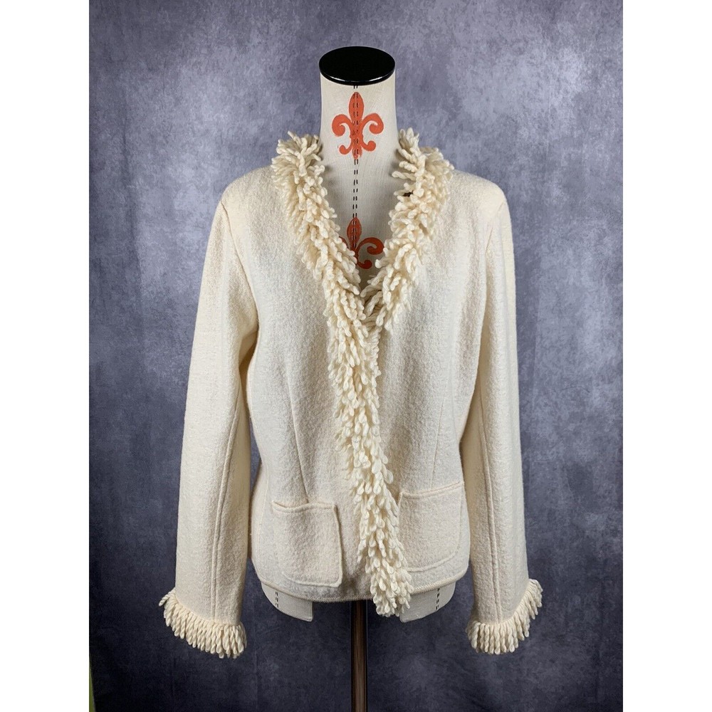 VTG Clothes By Revue Women Size XL Wool Ivory Ruffle Collar & Sleeve Cardigan